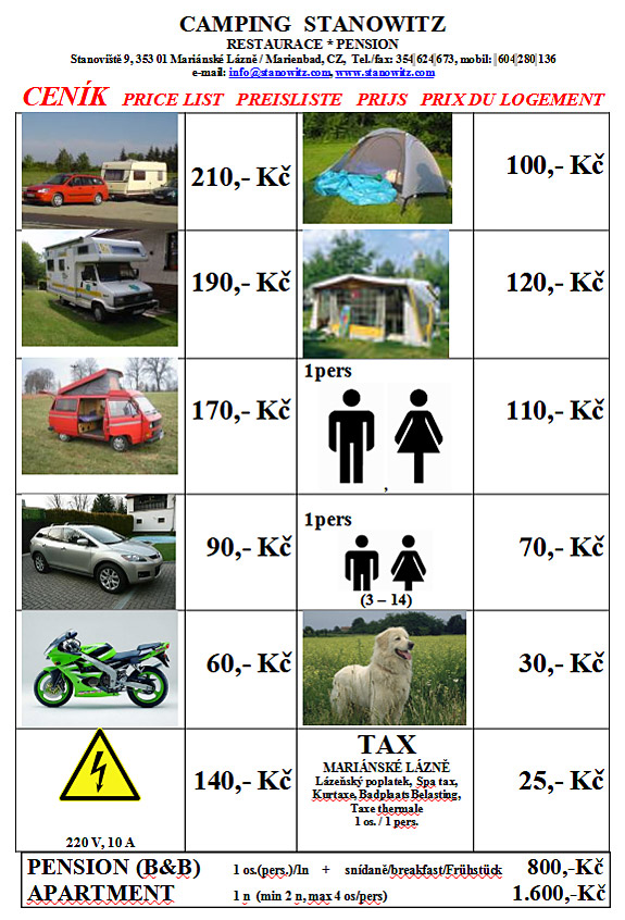 Liste des prix - Stanowitz | Stanoviště - camping, pension